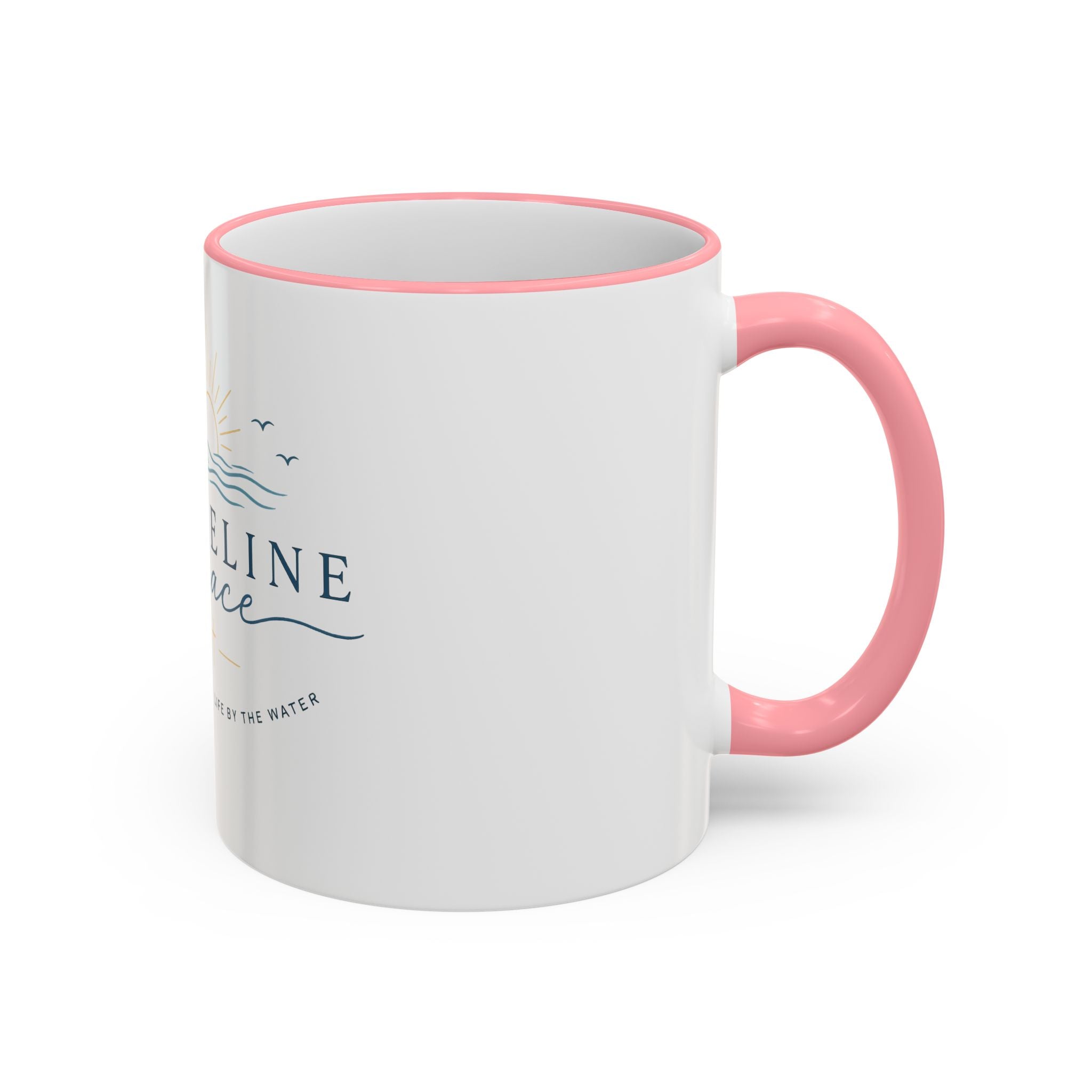 Shoreline Grace Accent Rim Mug — Coastal Sun & Waves Ceramic Coffee Cup (11oz/15oz)