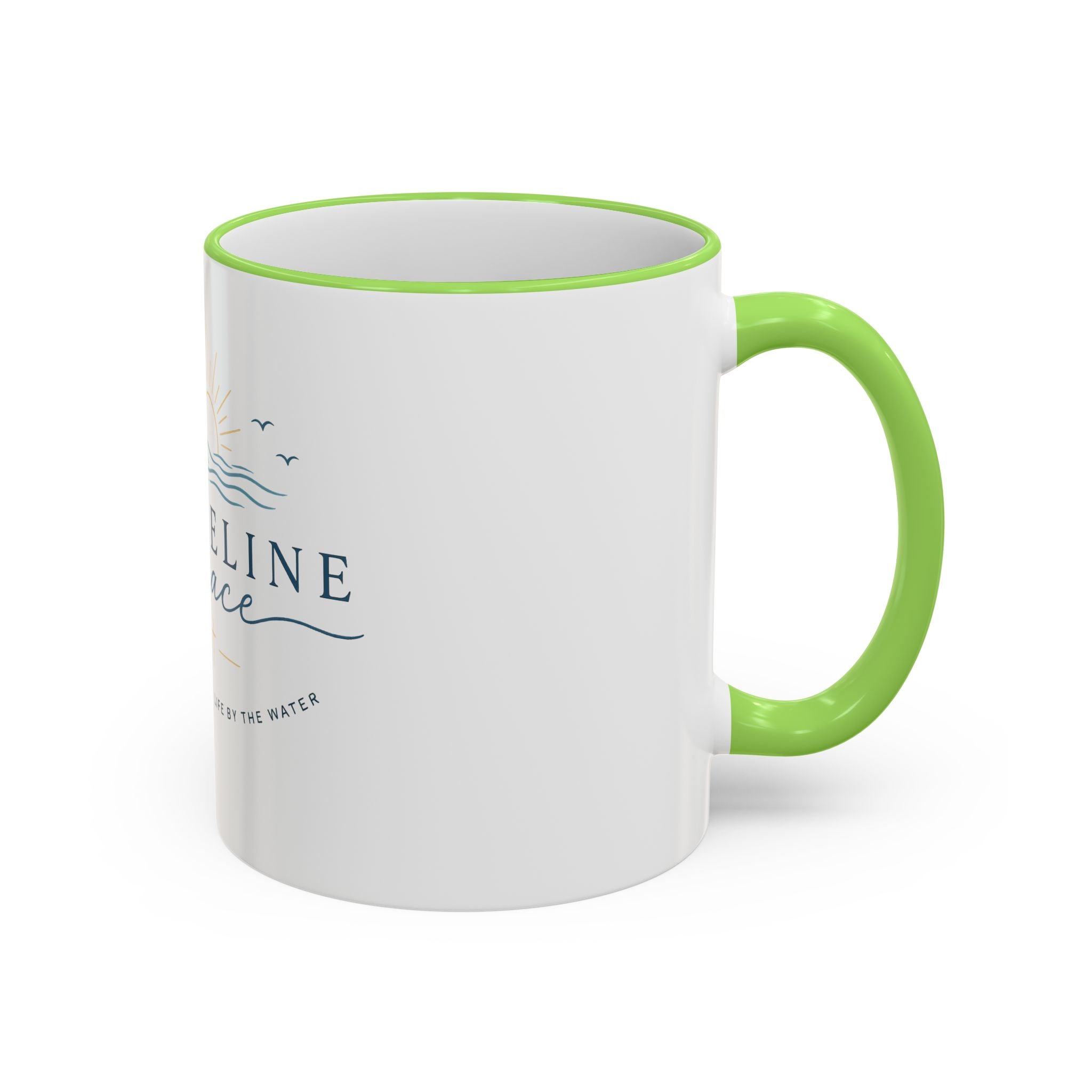 Shoreline Grace Accent Rim Mug — Coastal Sun & Waves Ceramic Coffee Cup (11oz/15oz)