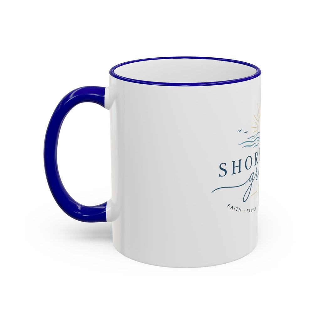 Shoreline Grace Accent Rim Mug — Coastal Sun & Waves Ceramic Coffee Cup (11oz/15oz)