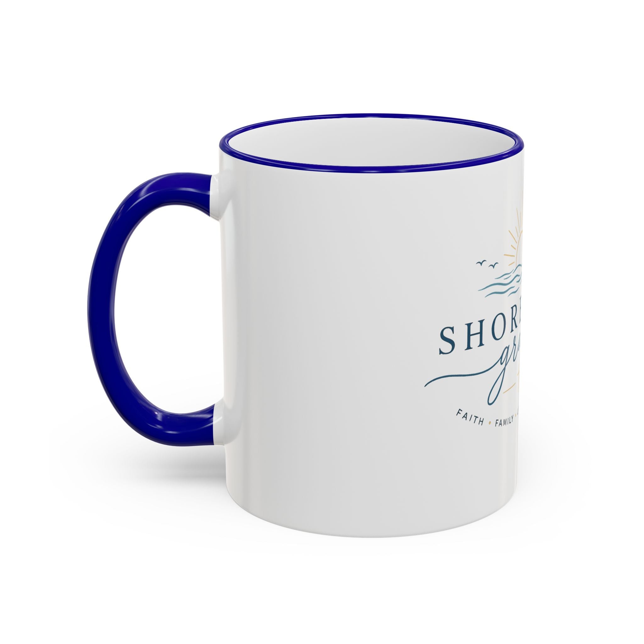 Shoreline Grace Accent Rim Mug — Coastal Sun & Waves Ceramic Coffee Cup (11oz/15oz)