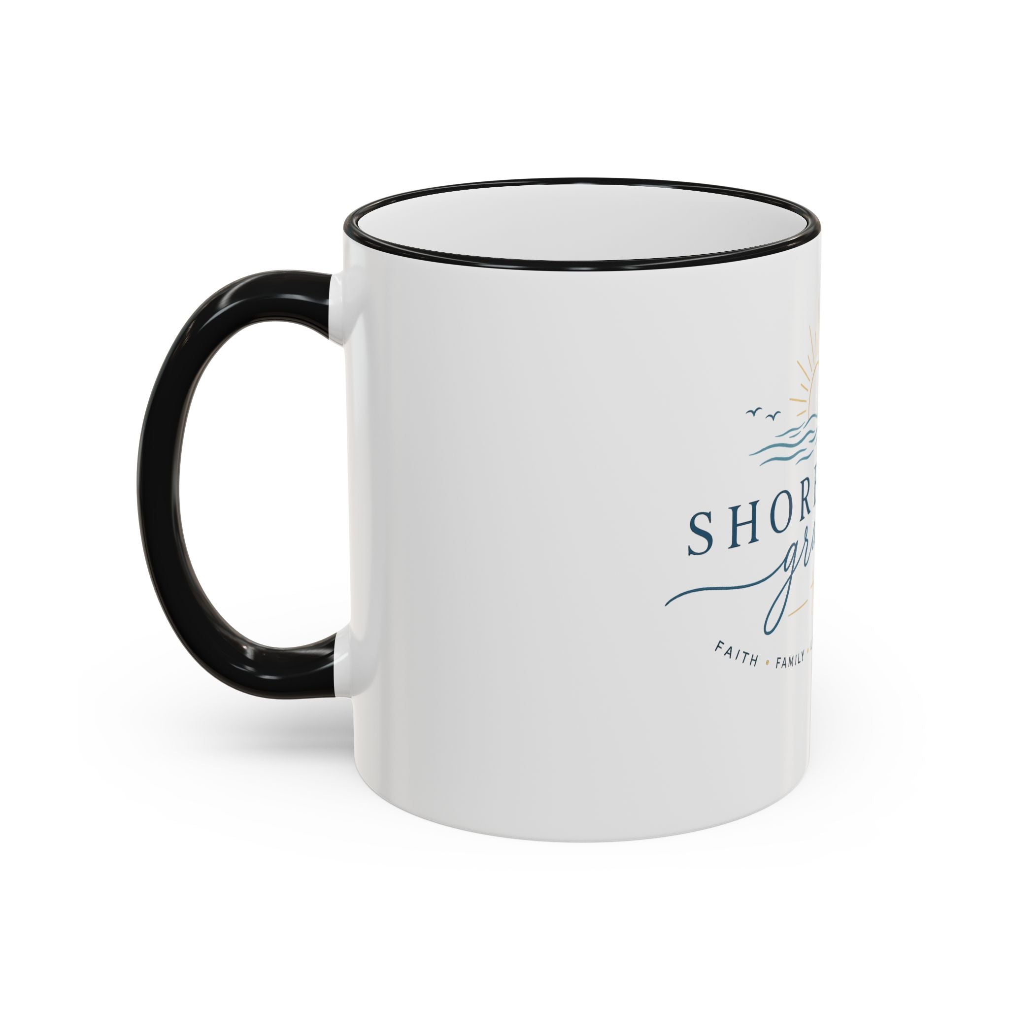 Shoreline Grace Accent Rim Mug — Coastal Sun & Waves Ceramic Coffee Cup (11oz/15oz)