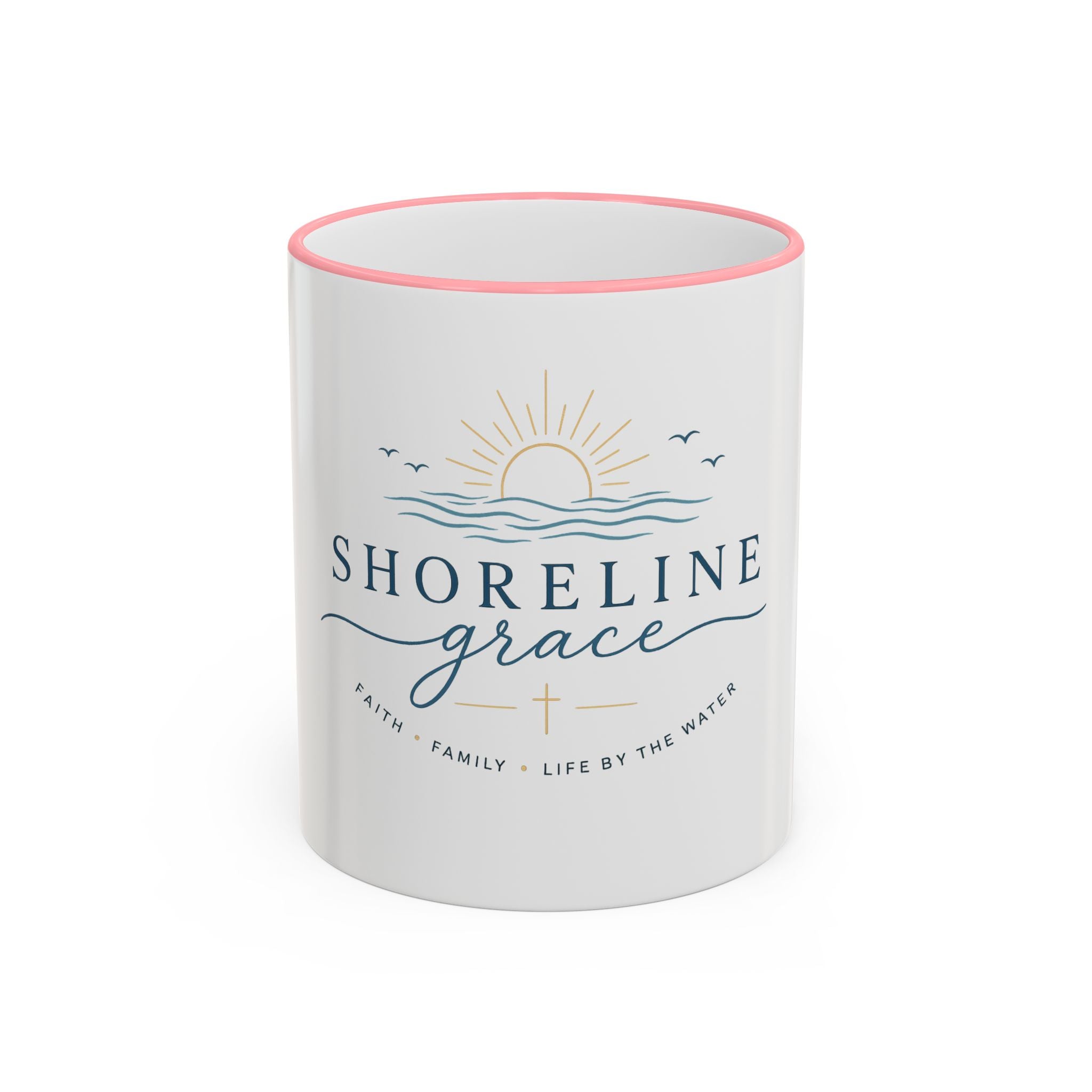 Shoreline Grace Accent Rim Mug — Coastal Sun & Waves Ceramic Coffee Cup (11oz/15oz)
