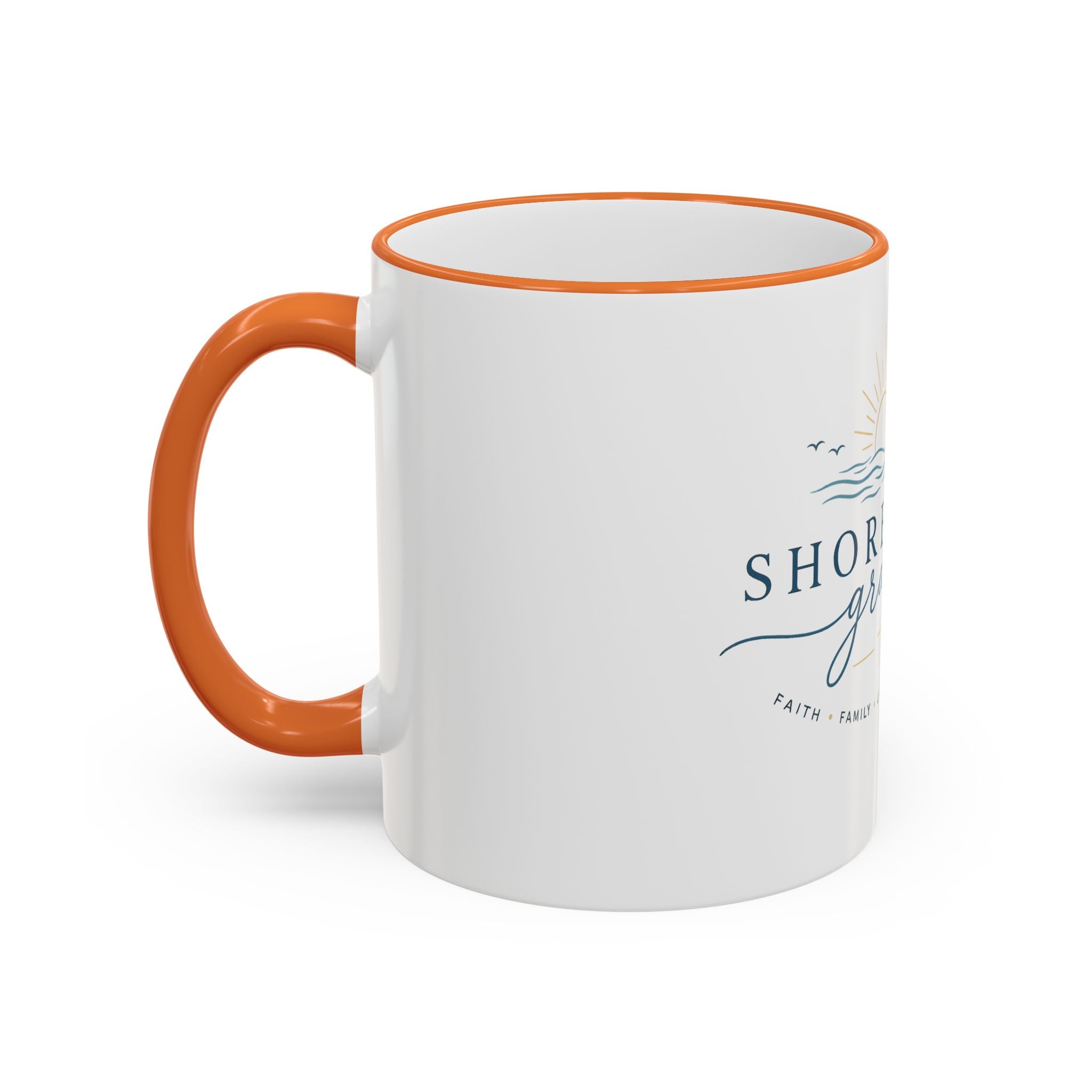 Shoreline Grace Accent Rim Mug — Coastal Sun & Waves Ceramic Coffee Cup (11oz/15oz)