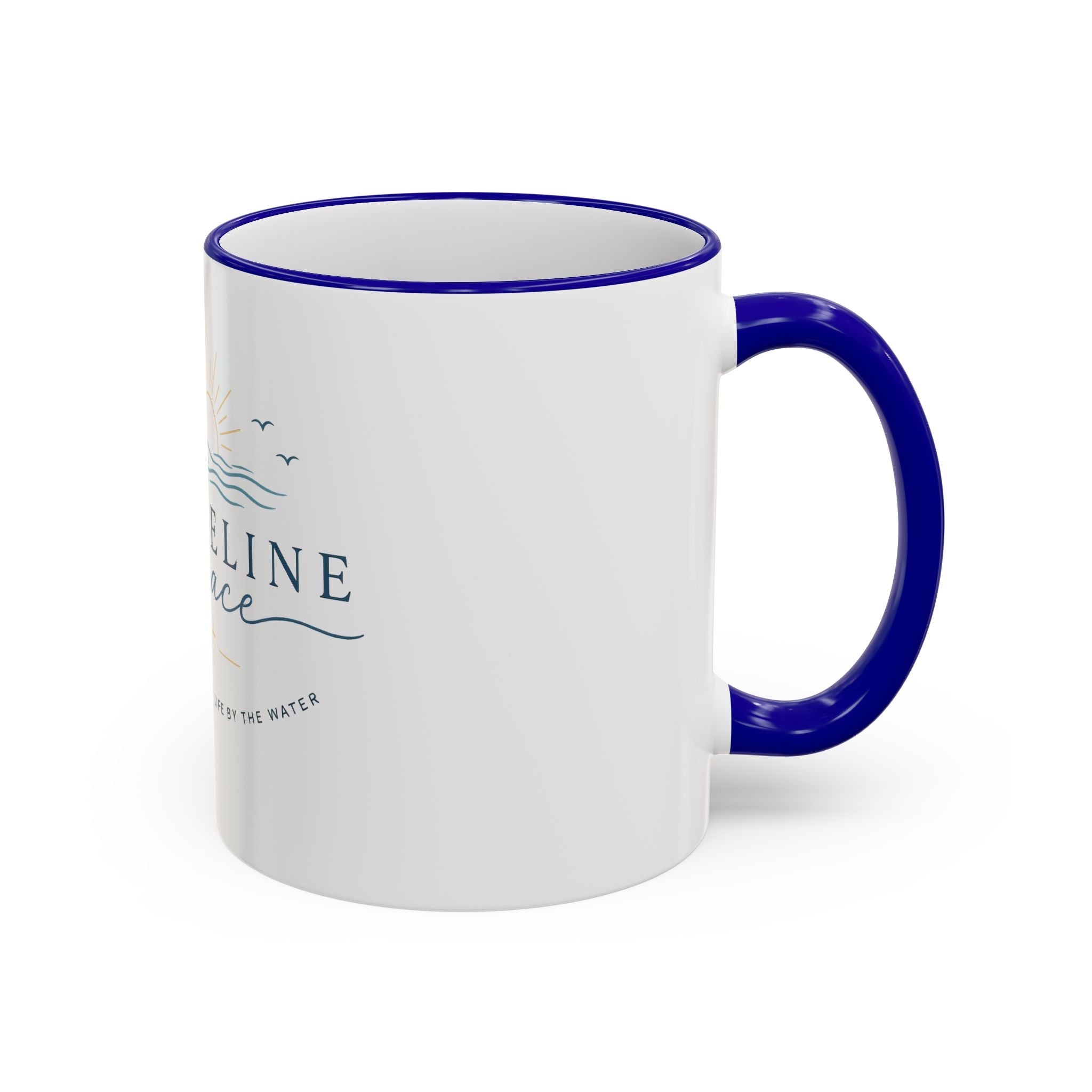 Shoreline Grace Accent Rim Mug — Coastal Sun & Waves Ceramic Coffee Cup (11oz/15oz)