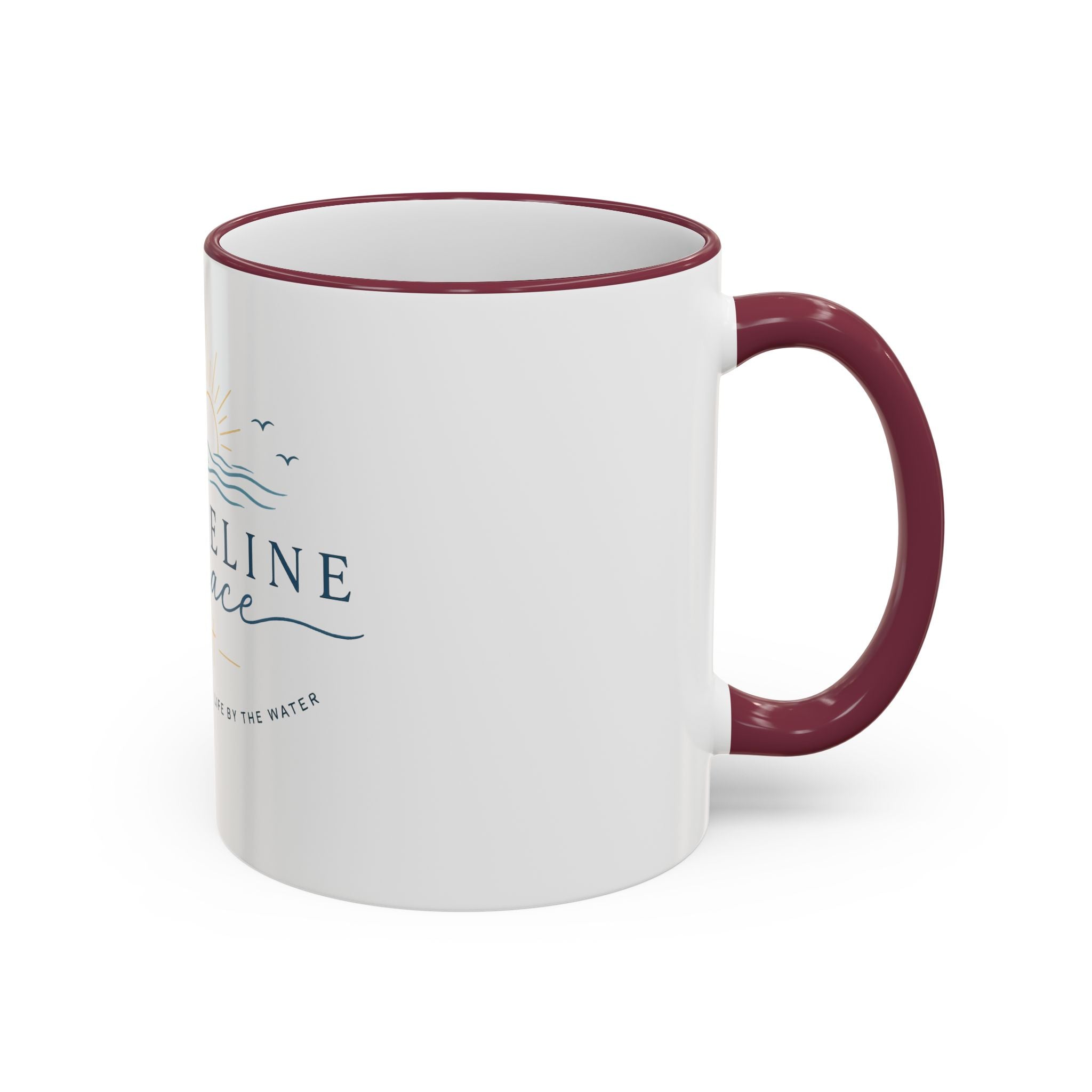 Shoreline Grace Accent Rim Mug — Coastal Sun & Waves Ceramic Coffee Cup (11oz/15oz)
