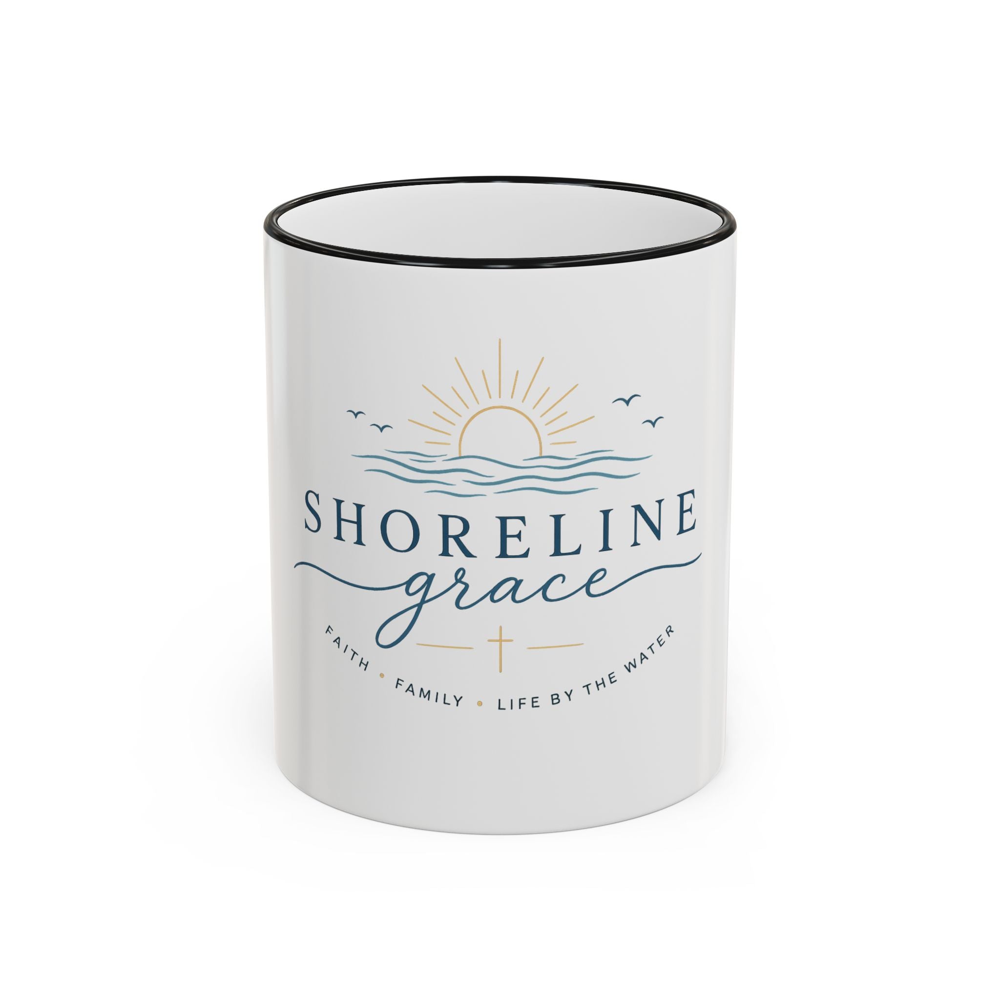 Shoreline Grace Accent Rim Mug — Coastal Sun & Waves Ceramic Coffee Cup (11oz/15oz)
