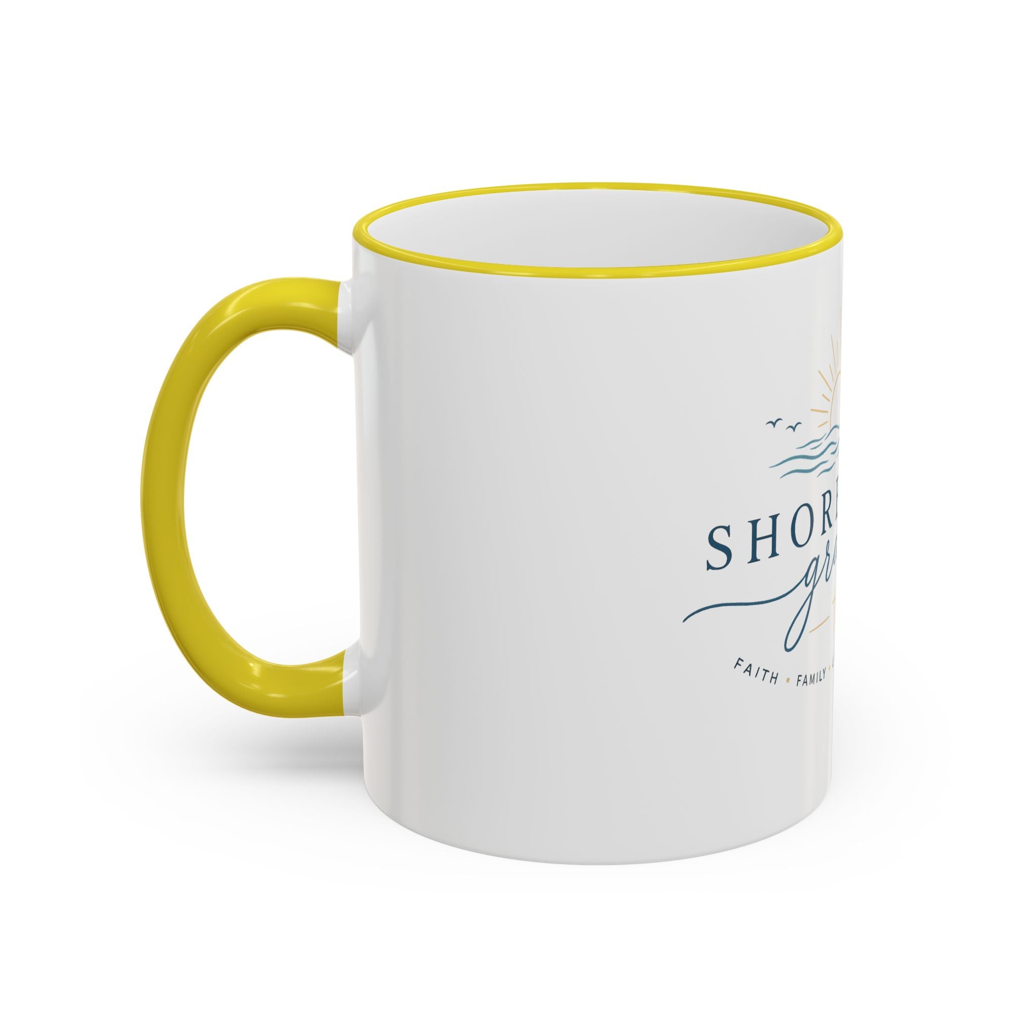 Shoreline Grace Accent Rim Mug — Coastal Sun & Waves Ceramic Coffee Cup (11oz/15oz)