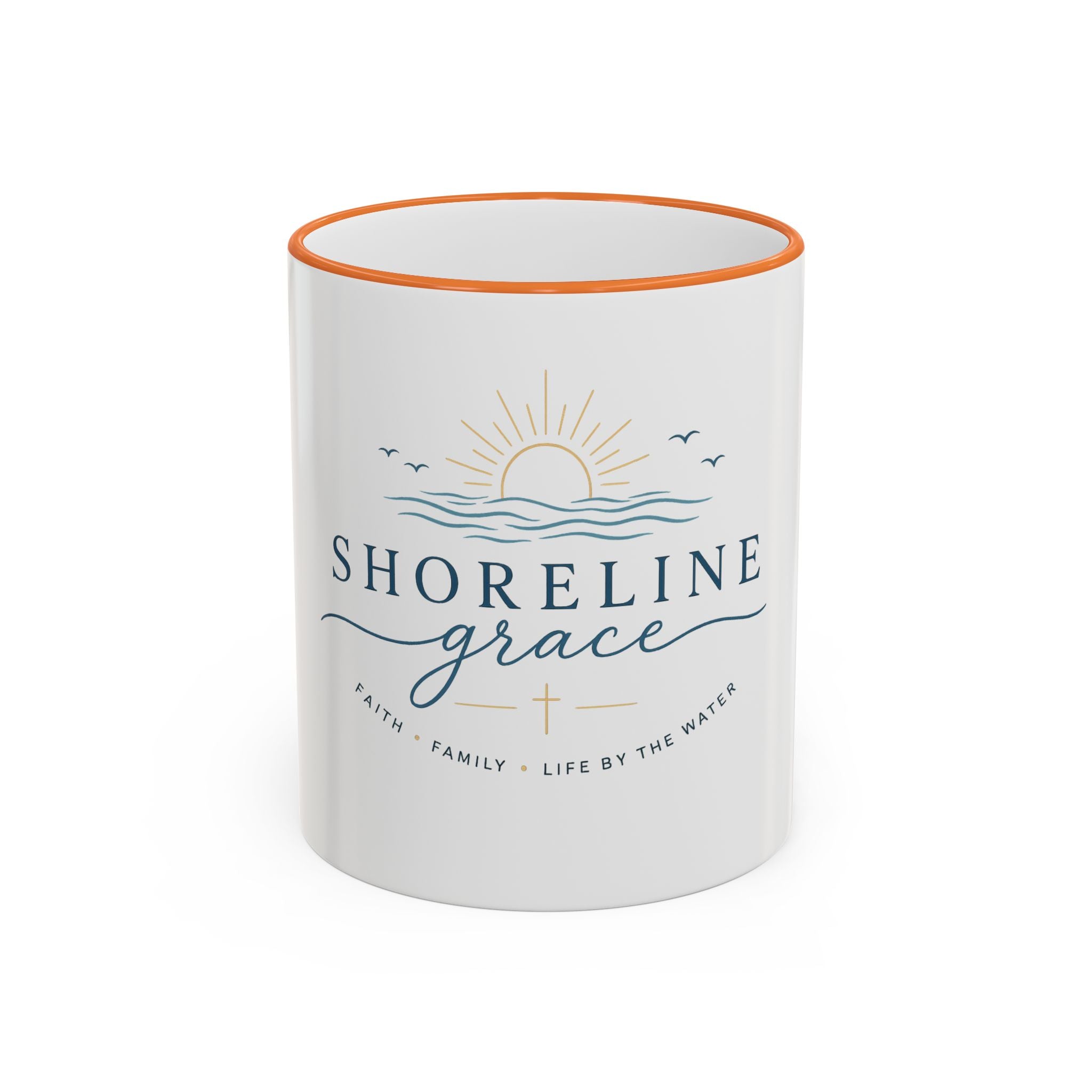 Shoreline Grace Accent Rim Mug — Coastal Sun & Waves Ceramic Coffee Cup (11oz/15oz)