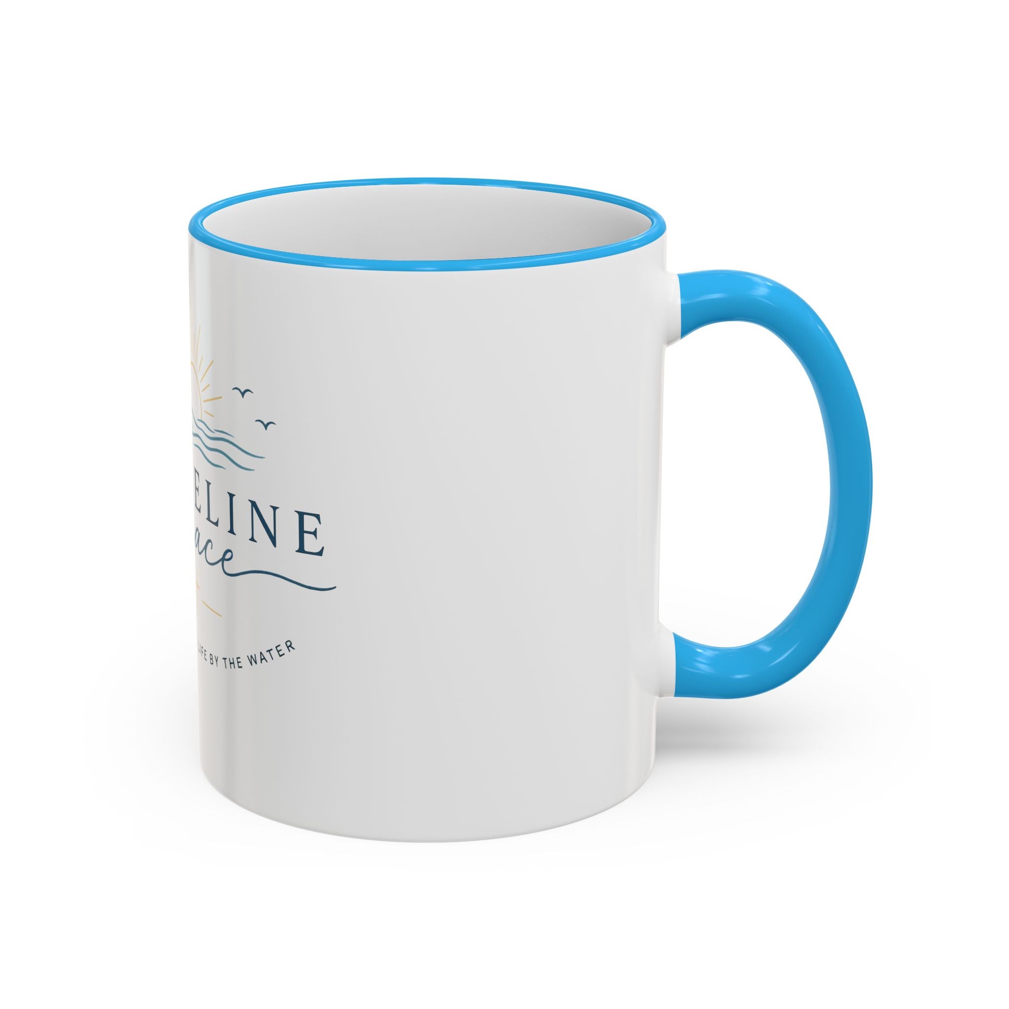 Shoreline Grace Accent Rim Mug — Coastal Sun & Waves Ceramic Coffee Cup (11oz/15oz)