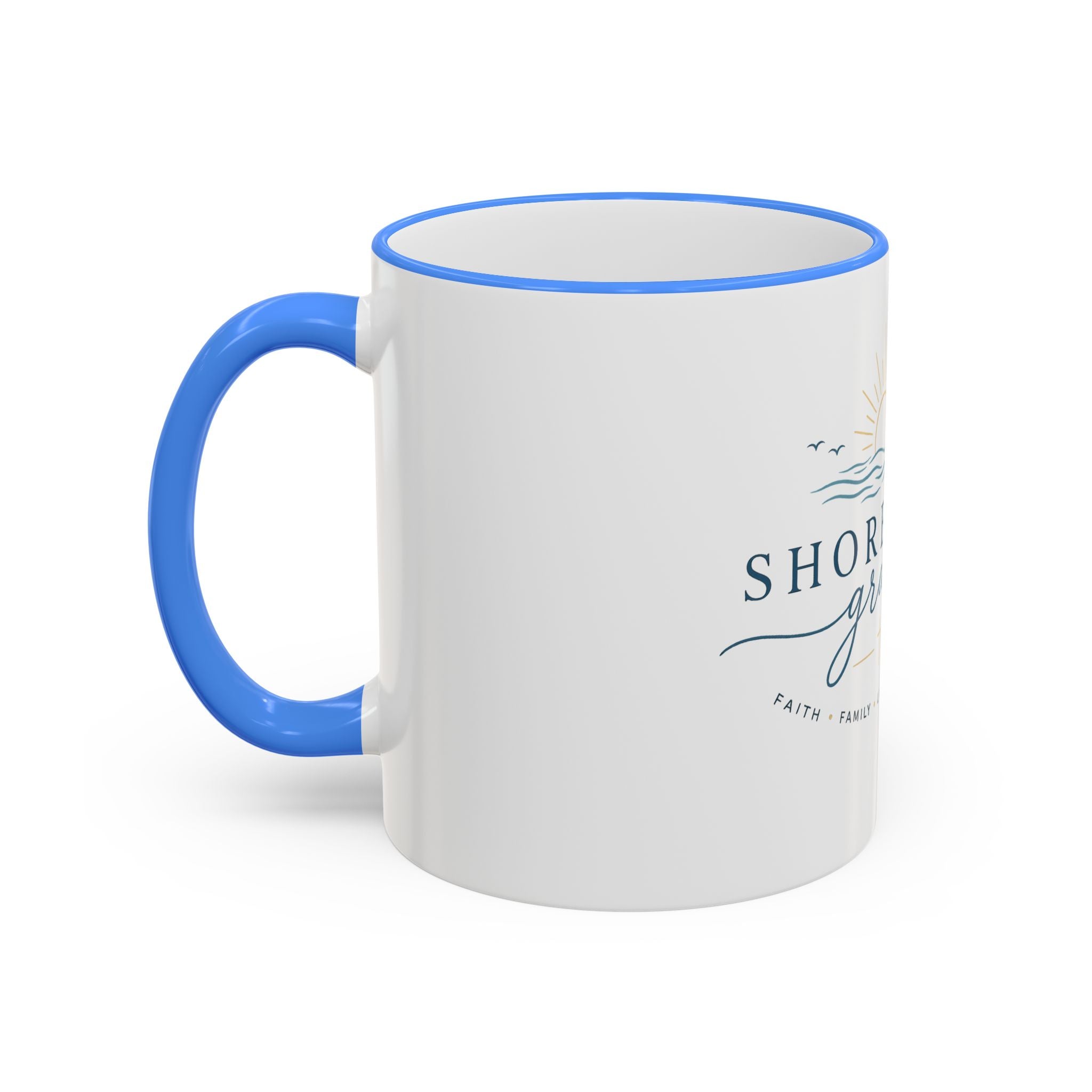 Shoreline Grace Accent Rim Mug — Coastal Sun & Waves Ceramic Coffee Cup (11oz/15oz)