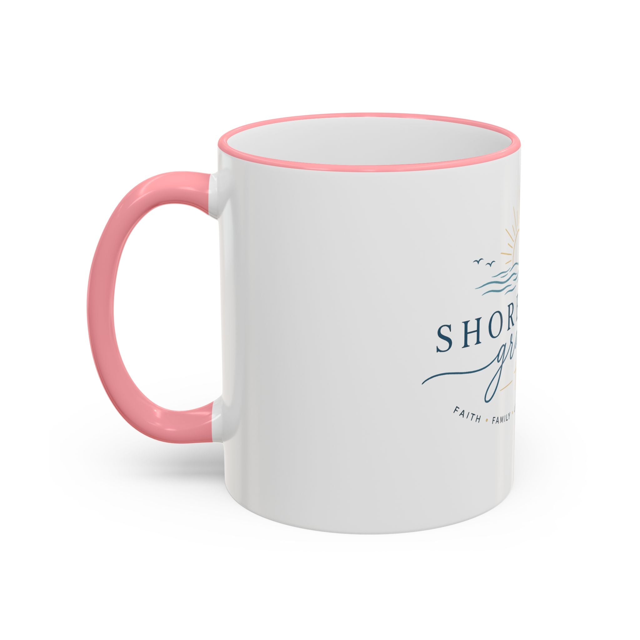 Shoreline Grace Accent Rim Mug — Coastal Sun & Waves Ceramic Coffee Cup (11oz/15oz)