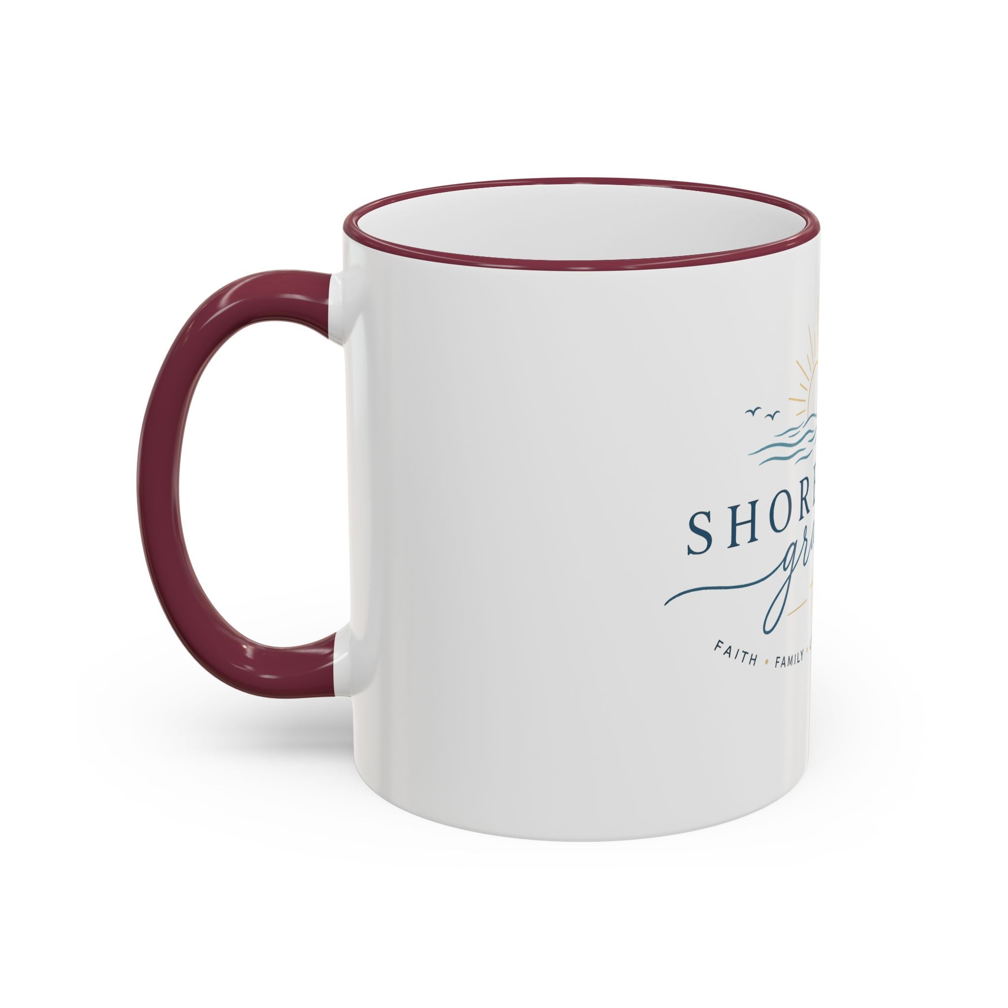 Shoreline Grace Accent Rim Mug — Coastal Sun & Waves Ceramic Coffee Cup (11oz/15oz)