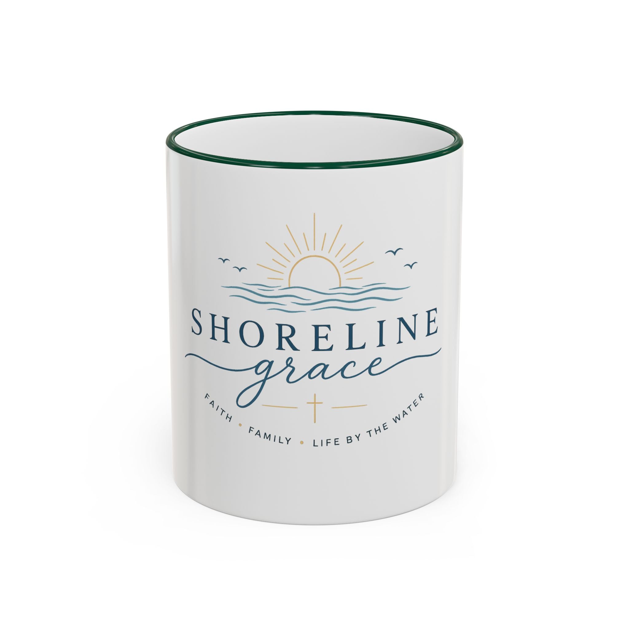 Shoreline Grace Accent Rim Mug — Coastal Sun & Waves Ceramic Coffee Cup (11oz/15oz)