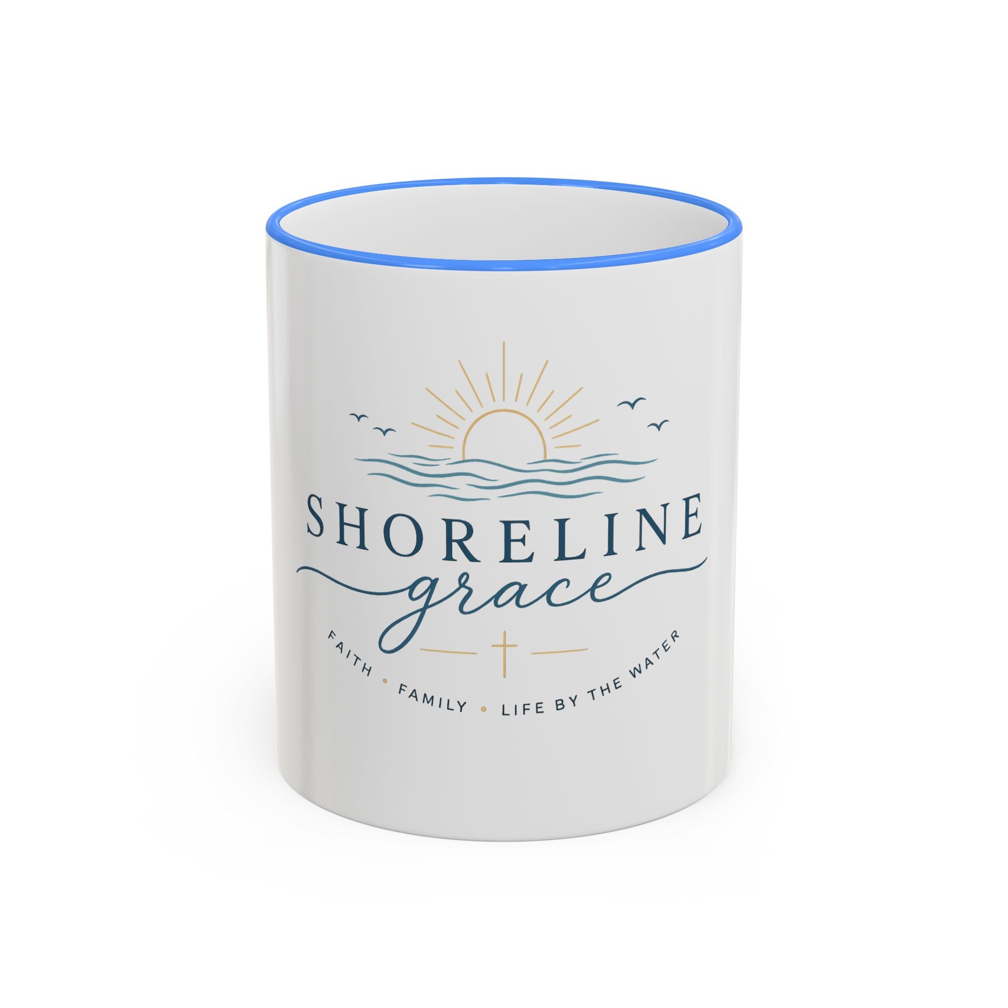 Shoreline Grace Accent Rim Mug — Coastal Sun & Waves Ceramic Coffee Cup (11oz/15oz)
